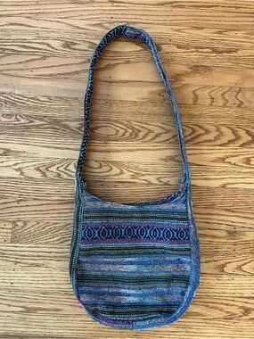 Boho Woven Crossbody Sling Bag Hippie Festival Cotton Blend Blue Tribal Stripe